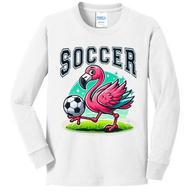 Soccer Flamingo Playing Soccer Kids Long Sleeve Shirt