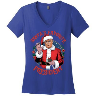 Santas Favorite President Trump Christmas Pajama Holiday Women's V-Neck T-Shirt