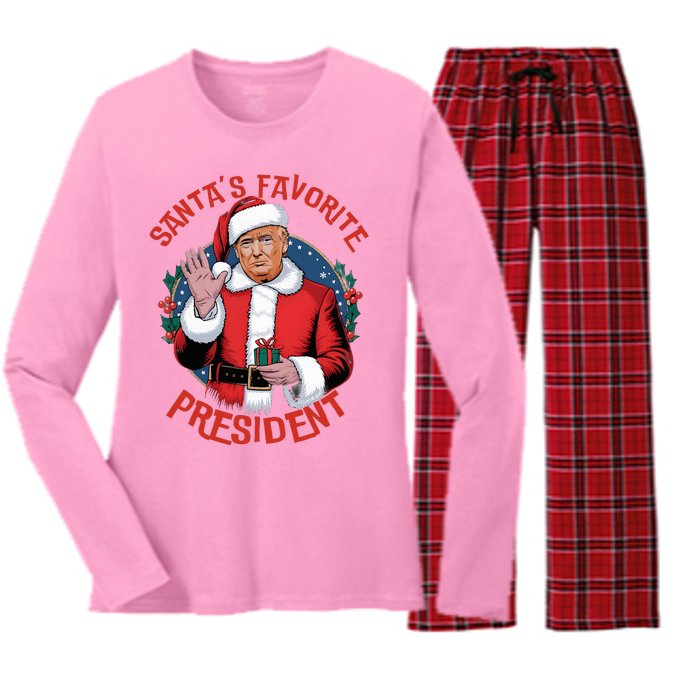 SantaS Favorite President Trump Christmas Women's Long Sleeve Flannel Pajama Set 