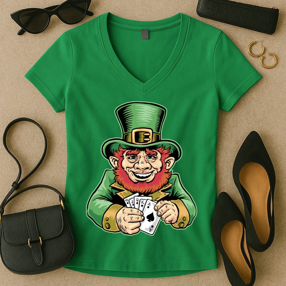Straight Flush Poker Leprechaun Women's V-Neck T-Shirt