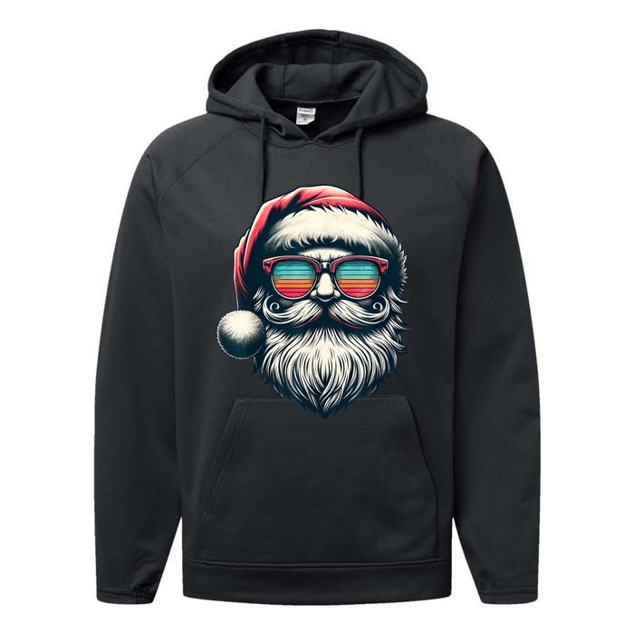 Santa Face Retro Sunglasses Christmas Xmas Women Kids Performance Fleece Hoodie