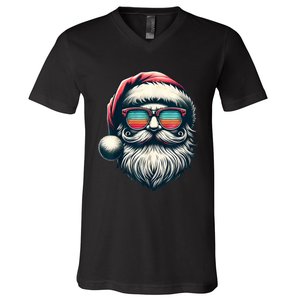 Santa Face Retro Sunglasses Christmas Xmas Women Kids V-Neck T-Shirt