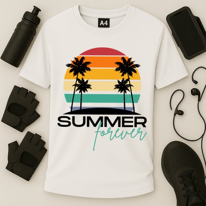 Summer Forever Retro Sunset Tropical Cooling Performance Crew T-Shirt