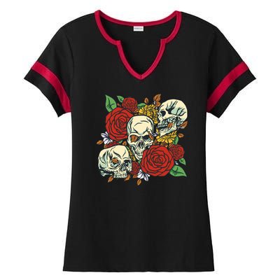 Skull Floral Rose Ladies Halftime Notch Neck Tee