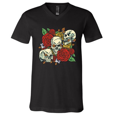 Skull Floral Rose V-Neck T-Shirt
