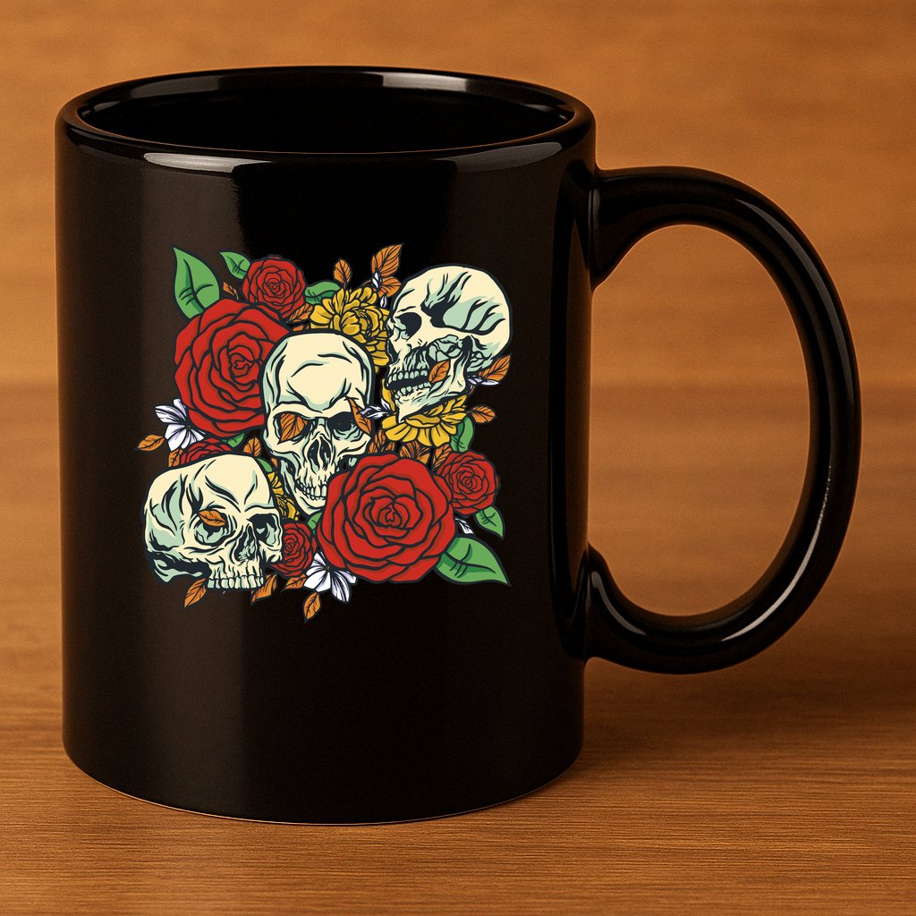 Skull Floral Rose 11oz C Handle Ceramic Mug