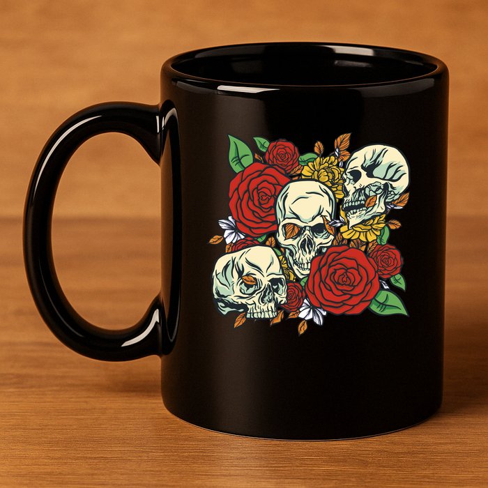 Skull Floral Rose 11oz C Handle Ceramic Mug