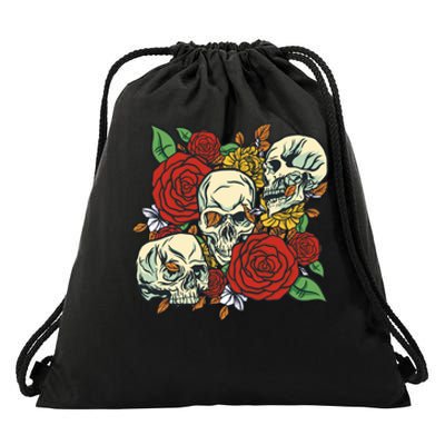 Skull Floral Rose Drawstring Bag