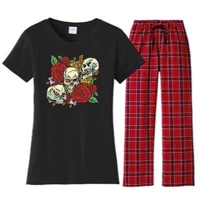 Skull Floral Rose Women's Flannel Pajama Set