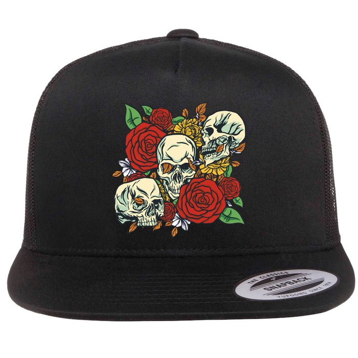 Skull Floral Rose Flatbill Hat