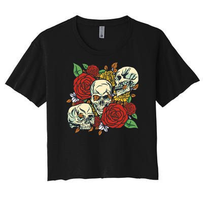 Skull Floral Rose Women's Crop Top Tee