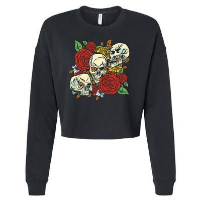 Skull Floral Rose Cropped Pullover Crew