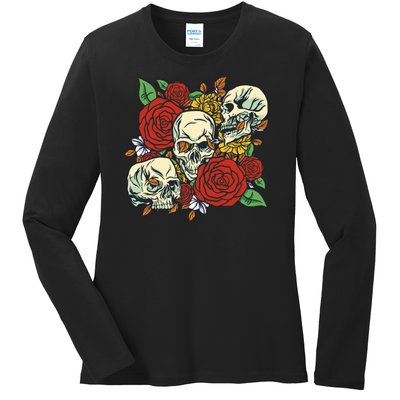 Skull Floral Rose Ladies Long Sleeve Shirt