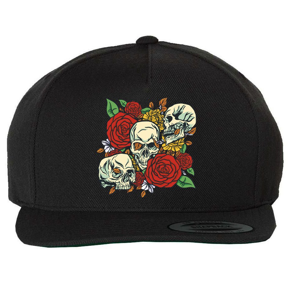 Skull Floral Rose Wool Snapback Cap
