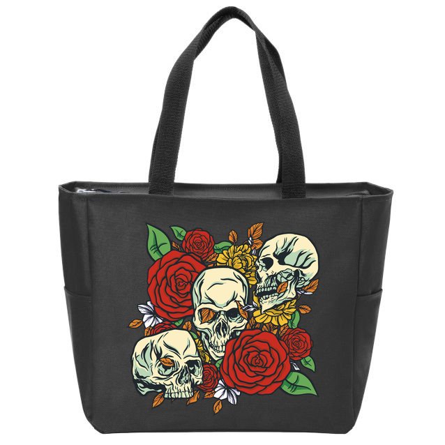 Skull Floral Rose Zip Tote Bag