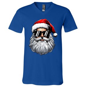 Santa Face Retro Sunglasses Christmas V-Neck T-Shirt