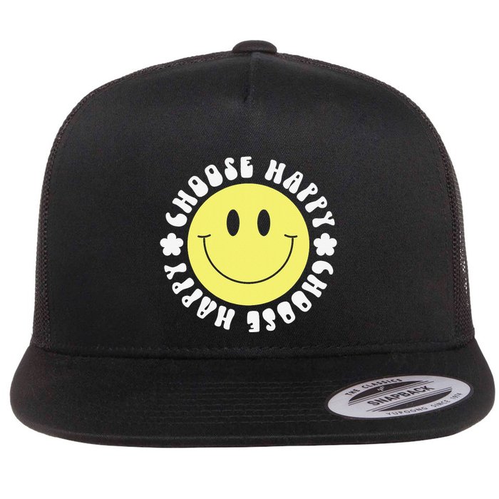 Smile Face Retro Choose Happy Cute Peace Positive  70s Flat Bill Trucker Hat