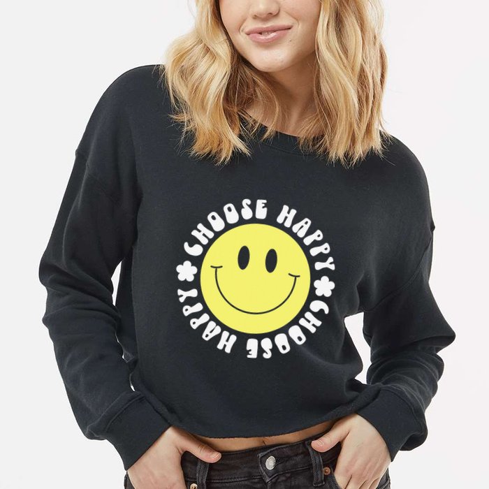 Smile Face Retro Choose Happy Cute Peace Positive  70s Cropped Pullover Crew