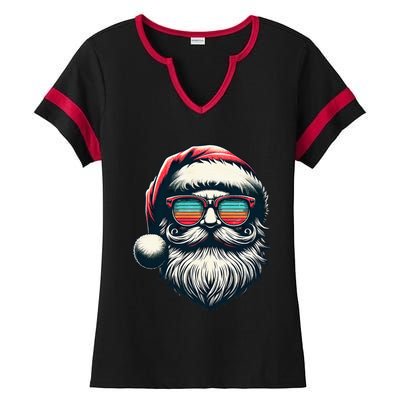 Santa Face Retro Sunglasses Christmas Xmas Ladies Halftime Notch Neck Tee