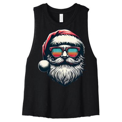 Santa Face Retro Sunglasses Christmas Xmas Women's Racerback Cropped Tank