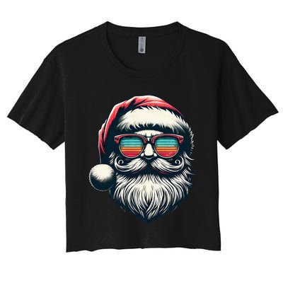 Santa Face Retro Sunglasses Christmas Xmas Women's Crop Top Tee