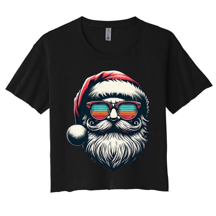 Santa Face Retro Sunglasses Christmas Xmas Women's Crop Top Tee