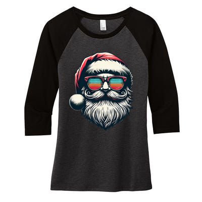 Santa Face Retro Sunglasses Christmas Xmas Women's Tri-Blend 3/4-Sleeve Raglan Shirt