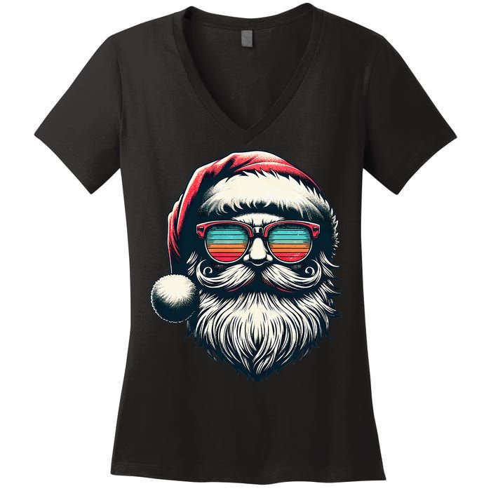 Santa Face Retro Sunglasses Christmas Xmas Women's V-Neck T-Shirt