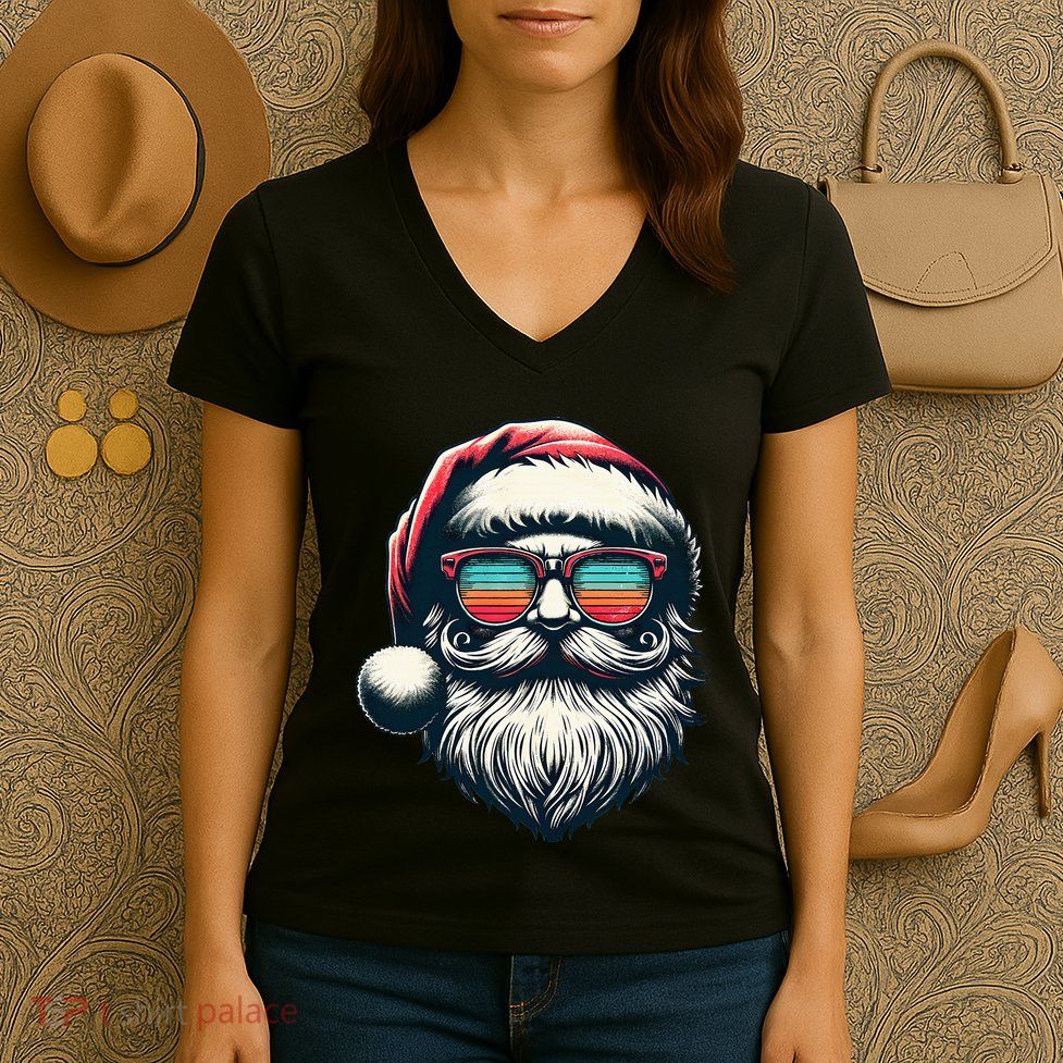 Santa Face Retro Sunglasses Christmas Xmas Women's V-Neck T-Shirt
