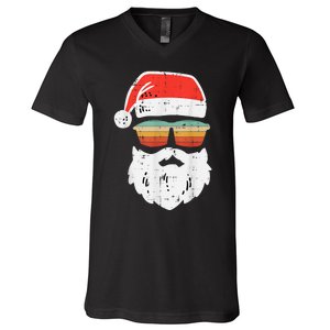 Santa Face Retro Sunglasses Christmas Xmas V-Neck T-Shirt