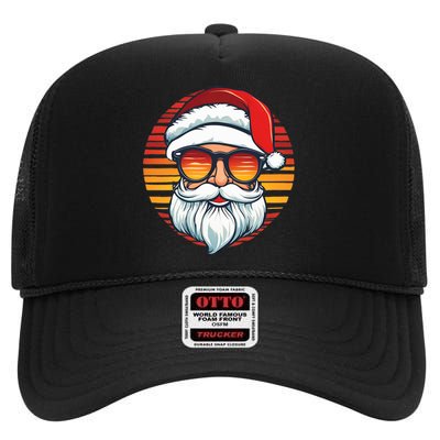 Santa Face Retro Sunglasses Christmas Xmas High Crown Mesh Back Trucker Hat