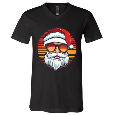 Santa Face Retro Sunglasses Christmas Xmas V-Neck T-Shirt