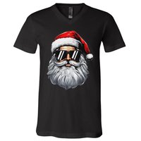 Santa Face Retro Sunglasses Christmas S For V-Neck T-Shirt