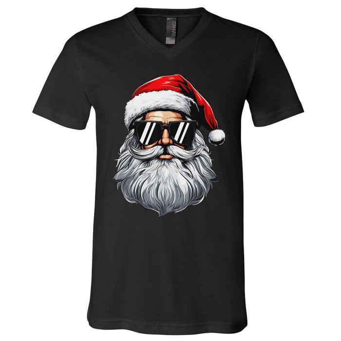 Santa Face Retro Sunglasses Christmas S For V-Neck T-Shirt