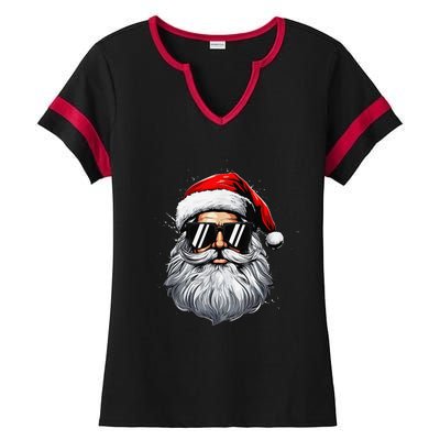 Santa Face Retro Sunglasses Christmas Xmas And Ladies Halftime Notch Neck Tee