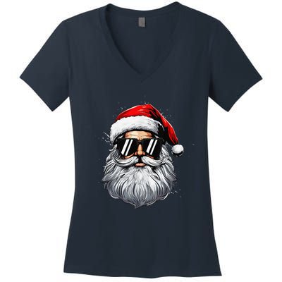 Santa Face Retro Sunglasses Christmas Xmas And Women's V-Neck T-Shirt