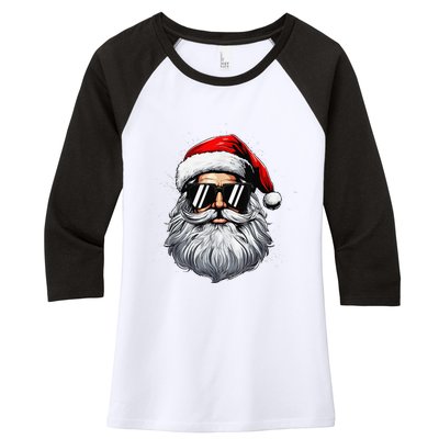 Santa Face Retro Sunglasses Christmas Xmas And Women's Tri-Blend 3/4-Sleeve Raglan Shirt