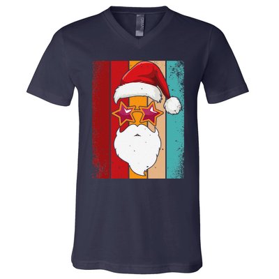 Santa Face Retro Sunglasses Christmas Xmas V-Neck T-Shirt