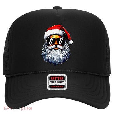 Santa Face Retro Sunglasses Christmas Xmas High Crown Mesh Back Trucker Hat