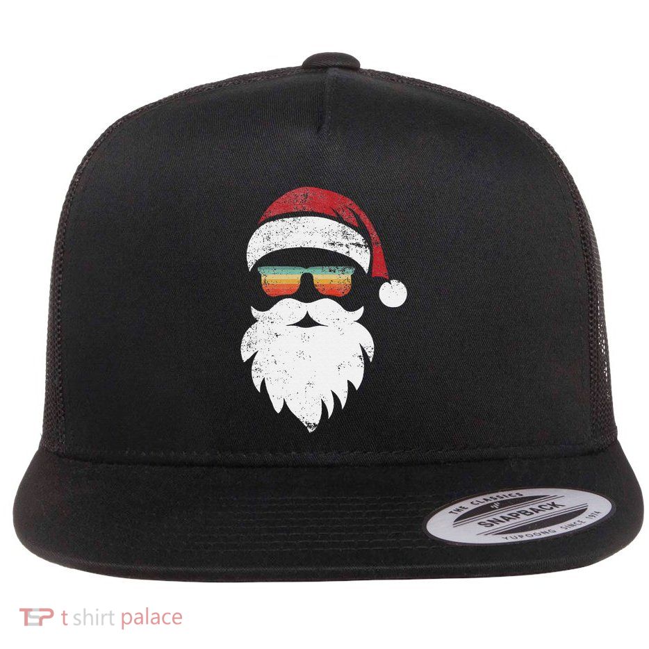 Santa Face Retro Hat Sunglass Christmass Flat Bill Trucker Hat