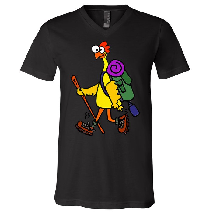 Smilealottees Funny Rubber Chicken Hiking Cartoon V-Neck T-Shirt