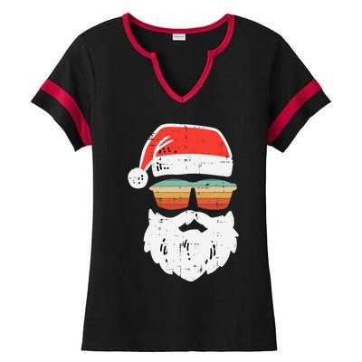 Santa Face Retro Sunglasses Christmas Xmas Gift Ladies Halftime Notch Neck Tee