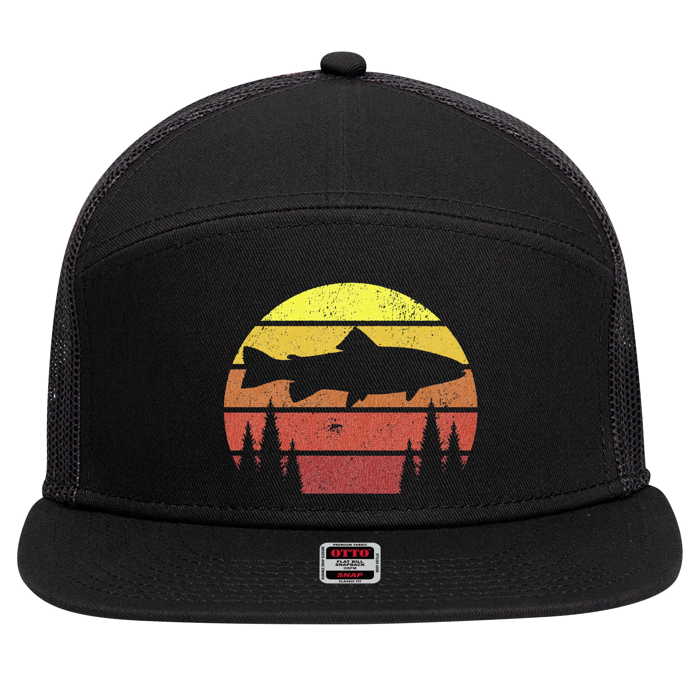 Steelhead Fishing Retro Rainbow Trout River Fisherman 7 Panel Mesh Trucker Snapback Hat