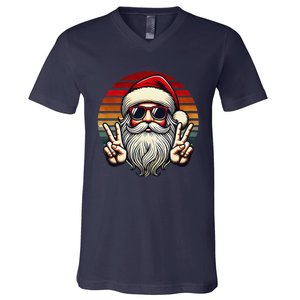 Santa Face Retro Sunglasses Christmas Xmas V-Neck T-Shirt