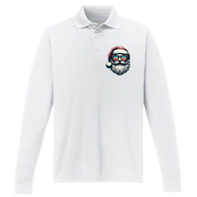 Santa Face Retro Sunglasses Christmas Xmas  Performance Long Sleeve Polo