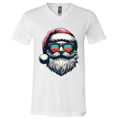 Santa Face Retro Sunglasses Christmas Xmas  V-Neck T-Shirt