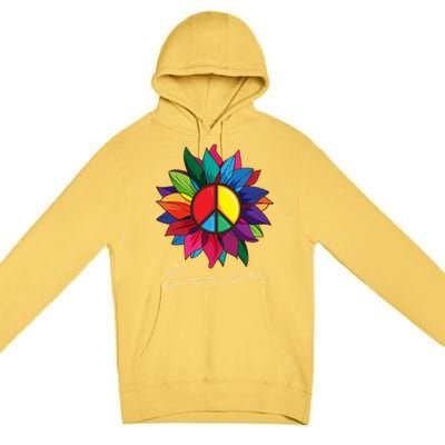 Sunflower Flower Rainbow Peace Sign World Retro Hippie 70s Gift Premium Pullover Hoodie