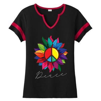 Sunflower Flower Rainbow Peace Sign World Retro Hippie 70s Gift Ladies Halftime Notch Neck Tee