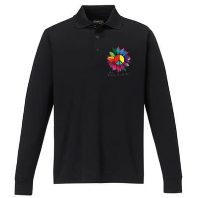 Sunflower Flower Rainbow Peace Sign World Retro Hippie 70s Gift Performance Long Sleeve Polo