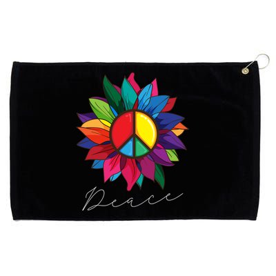 Sunflower Flower Rainbow Peace Sign World Retro Hippie 70s Gift Grommeted Golf Towel